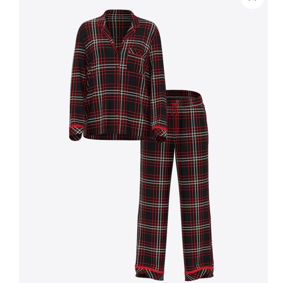 Victoria's Secret Flannel Long Pajama Set Black Red White Plaid Signature PJ S - Picture 2 of 10